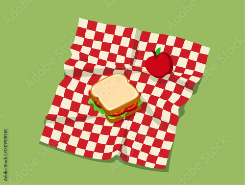 Picnic sandwich and apple on checkered blanket

