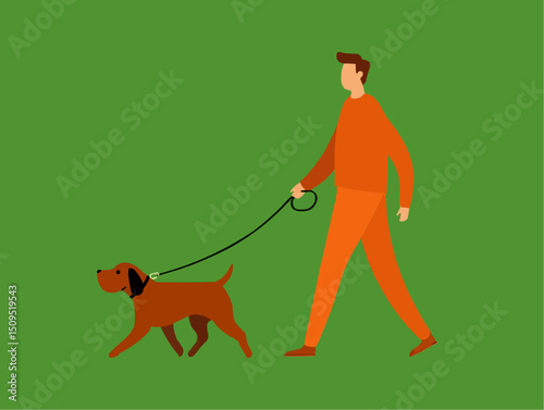 Mann geht mit Hund an der Leine auf grüner Wiese spazieren

