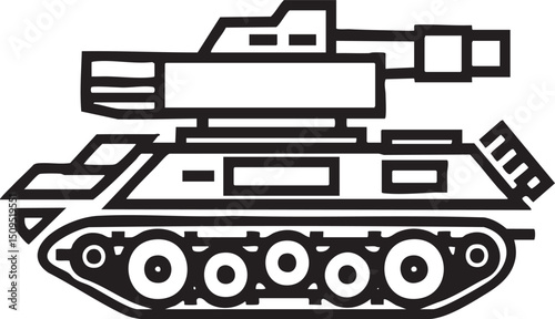 stylized black and white tank sits on a textured ground.