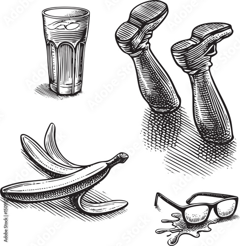 grayscale depicts a glass hammer banana peel and pair of glasses.