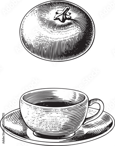 detailed drawing depicts a vibrant orange and a ceramic cup with dark liquid.