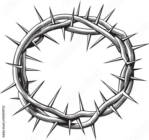 black and white of a thorny crown encircling a central space.