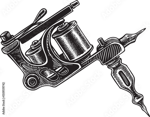 detailed black and white of a tattoo machine.