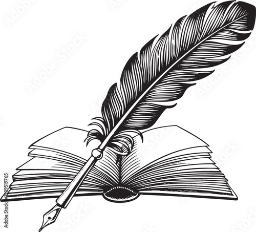 black quill rests upon an open textured book.