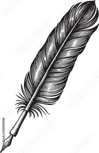 detailed black and white of a quill pen with its nib extended.