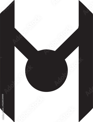 central black circle is framed by two angular white geometric shapes.