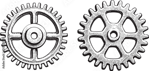 Two detailed gears rotate against a stark white background.