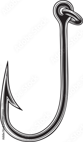 simple fishing hook hangs suspended against a white background.
