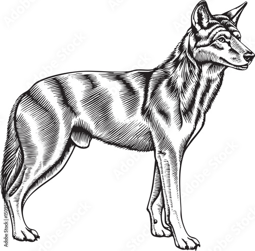 lone wolf stands alert in a shaded outdoor setting.