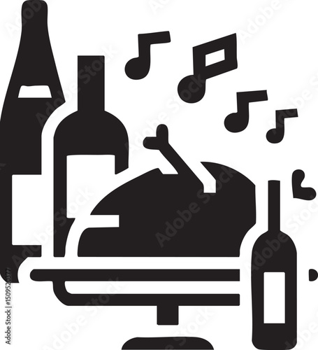 platter of food is surrounded by musical notes and bottles.