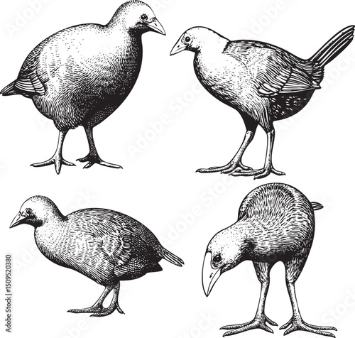 Four stylized black and white illustrations of wading birds in a standing pose.