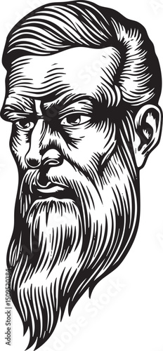 mature man with a long intricately detailed beard stares intently forward.