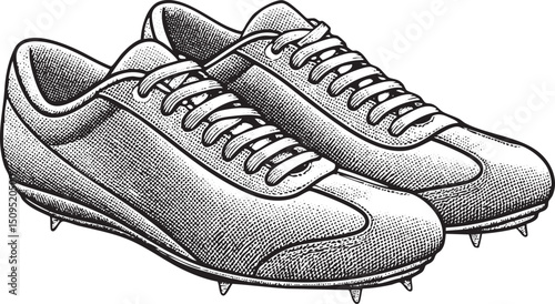 Two athletic shoes with spikes stand in a stark black and white .