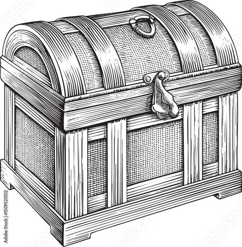 weathered wooden chest sits upright secured with a metal latch.