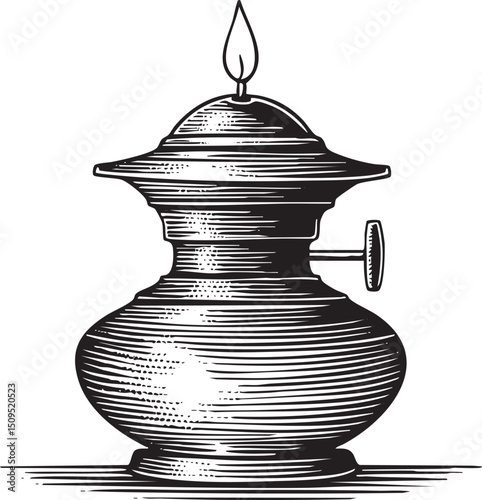 detailed black and white of a metallic vessel with a raised handle and a small flame atop.