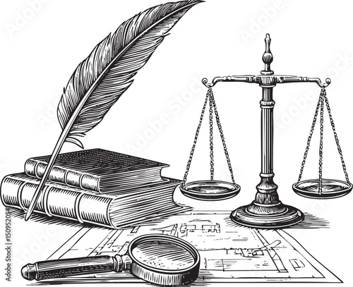 weathered book a feather quill and scales of justice create a classic legal scene.