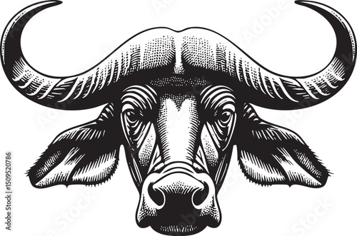 detailed black and white of a buffalo head.