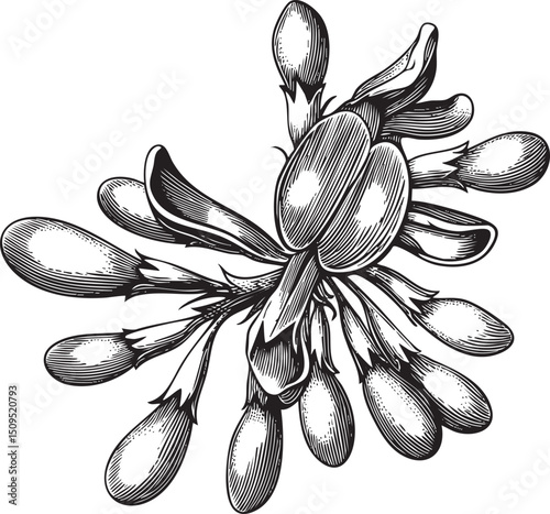 detailed black and white showcases a blossoming flower with delicate petals surrounding a central bud.