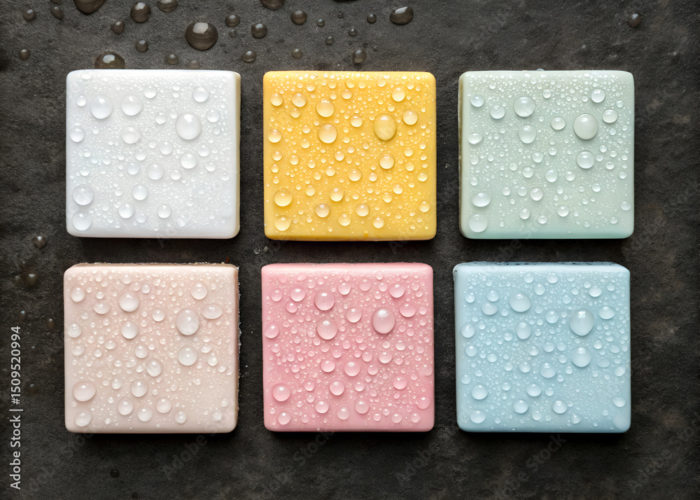 Colorful Wet Soap Bars on Dark Surface Colorful Wet Soap Bars on Dark Surface