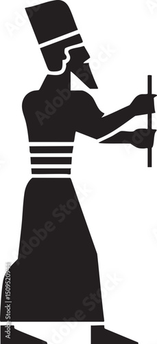 silhouetted figure holds a wooden staff upright in a stylized pose.