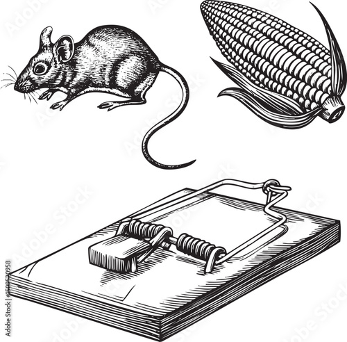 mouse cautiously approaches a corn cob while positioned near a trap.