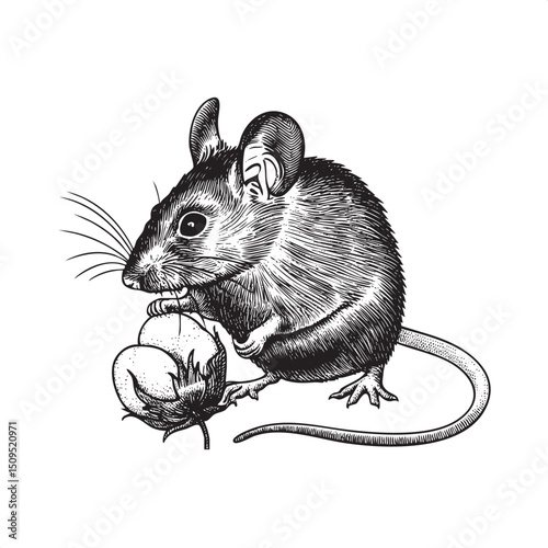 dark mouse delicately holds a cotton blossom in its mouth.