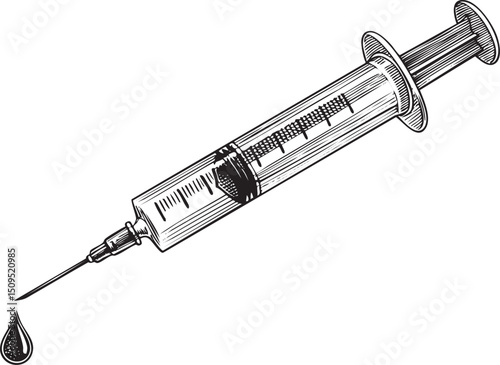 detailed black and white depicts a syringe poised with a droplet of liquid.