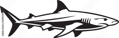 stylized black and white shark swims powerfully through a dark background.