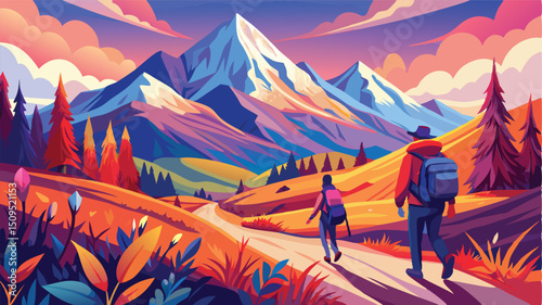 Hikers journey through vibrant autumn mountain landscape