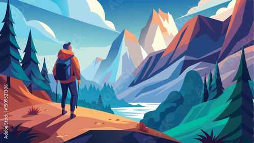 Adventurer hiking majestic mountain landscape