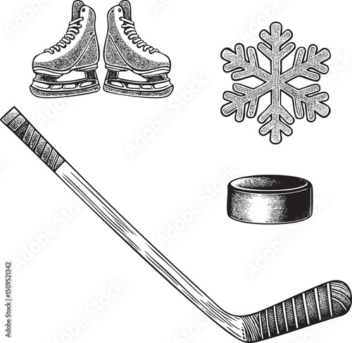 pair of ice skates rests beside a hockey stick a snowflake and black ring.