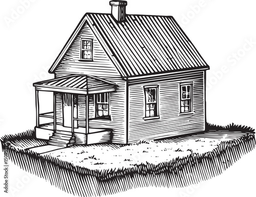 simple rustic cottage sits on a grassy lawn.