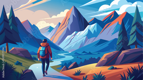 Adventurer hiking majestic mountain valley landscape
