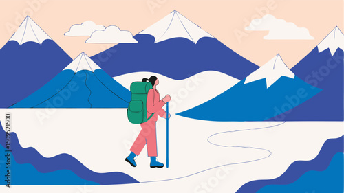 Woman hiking majestic snowy mountains solo adventure