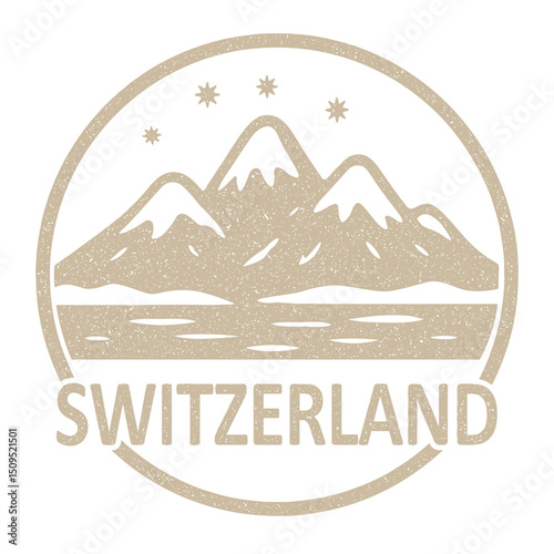 Switzerland stamp featuring snowy mountains in winter illustration on transparent background, vector beige