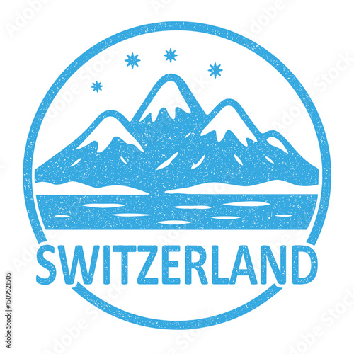 Switzerland stamp featuring snowy mountains in winter illustration on transparent background, vector light blue