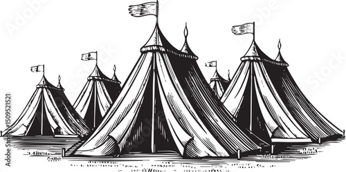 Several large tents stand upright against a simple background.