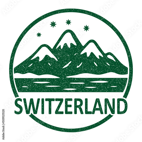 Switzerland stamp featuring snowy mountains in winter illustration on transparent background, vector green