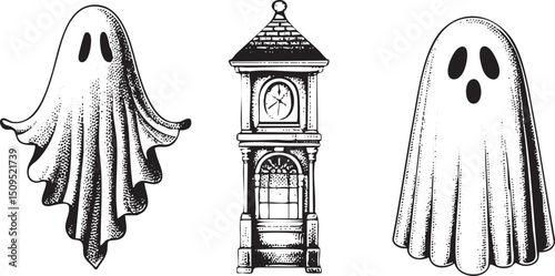 ghostly figure stands beside a decorative clock tower.