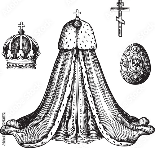 regal crown and ornate robe draped over a decorative egg adorned with a cross.