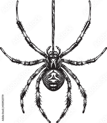 detailed black and white of a spider hanging upside down.