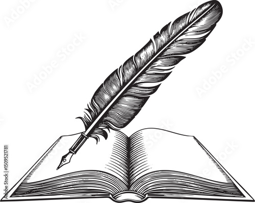 black quill pen hovers over an open illustrated book.
