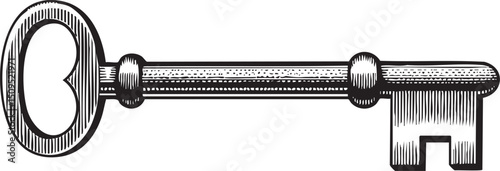 vintage key with a circular loop and a rectangular head rests on a white surface.