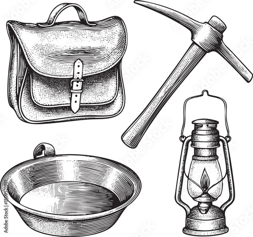 leather satchel a pickaxe and a lantern rest on a weathered metal pan.