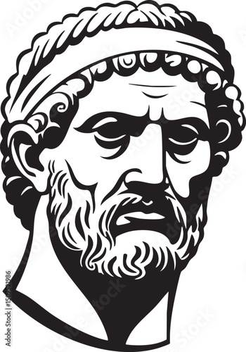 stark black and white portrait of a classical male figure with a laurel wreath.