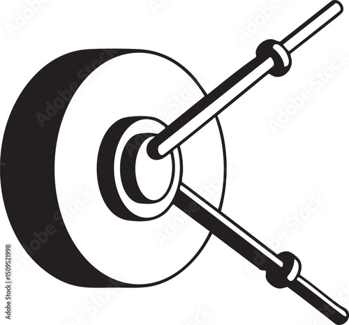 black and white depicts a circular weight with a barbell attached.