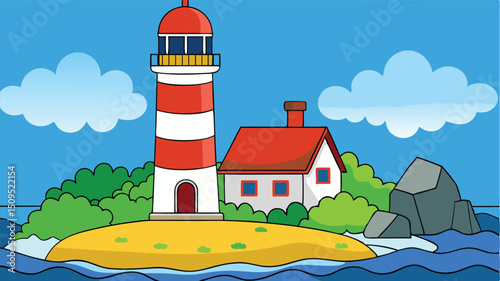 Lighthouse island house seascape cartoon illustration