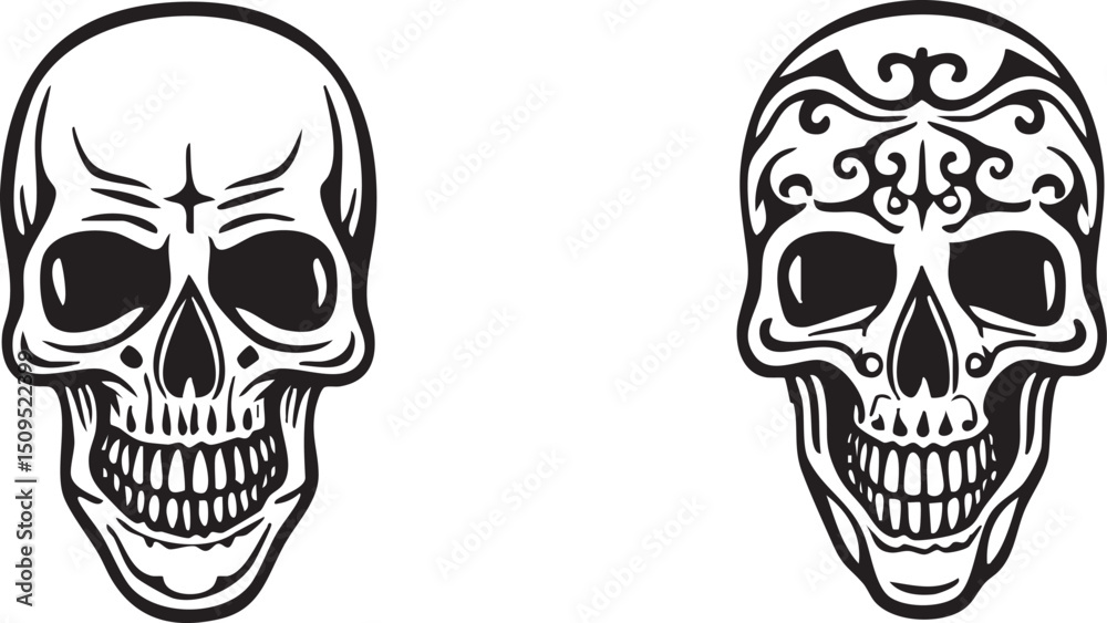 Fototapeta premium Two stylized black and white skulls display intricate decorative .