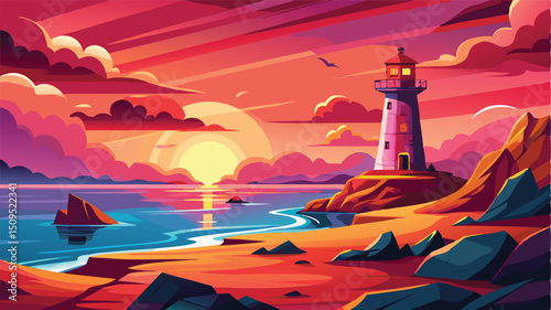 Vibrant sunset seascape with lighthouse coastal scene