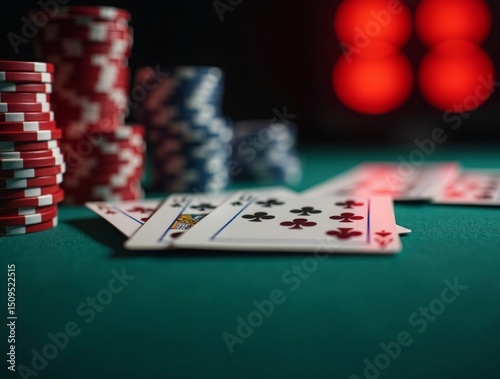 Close-up of poker chips and playing cards on a casino table, dramatic lighting